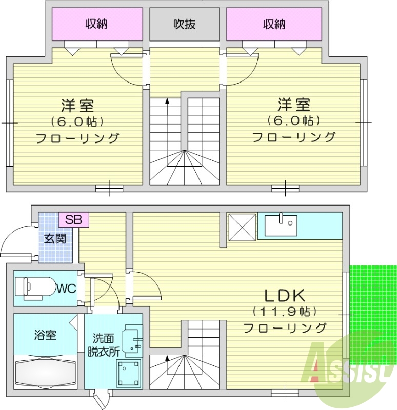 2LDK、メゾネット、浴室乾燥機、シャンプードレッサー