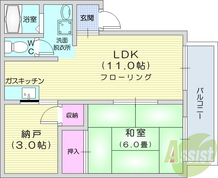 1SLDK、バストイレ別、独立洗面化粧台、陽当たり良好