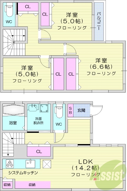 3LDK、全室エアコン、バルコニー、追い焚き機能。