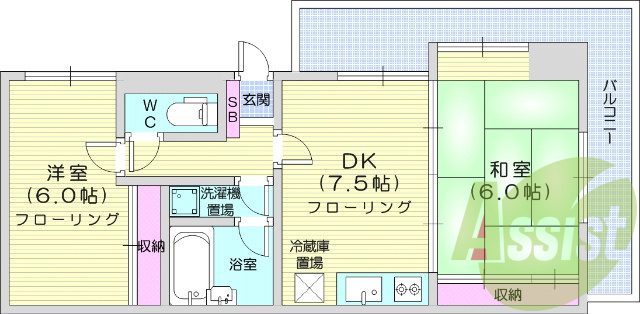 2DK、都市ガス、オートロック、洗面台、エレベーター