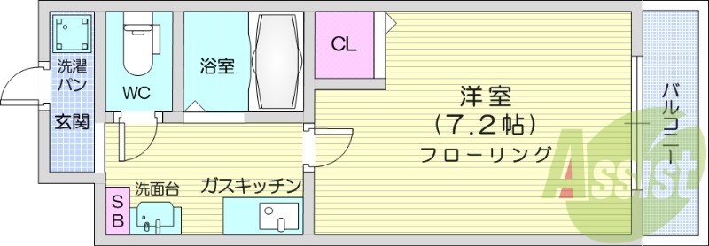 1K、バルコニー、クローゼット、バストイレ別、洗面所独立