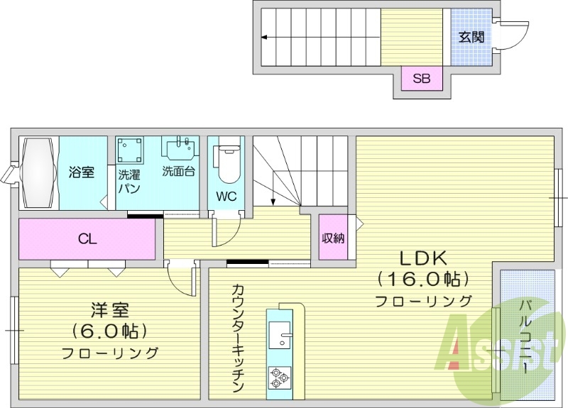 １LDK、エアコン、バストイレ別、追い焚き
