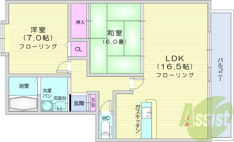 2LDK、バルコニー、和室、カウンターキッチン