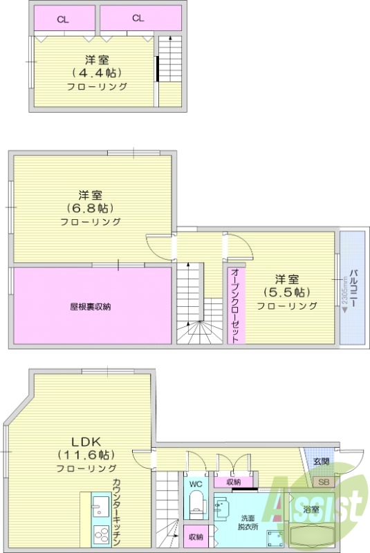 3LDK、追い焚き、衣類乾燥機、IH３口コンロ