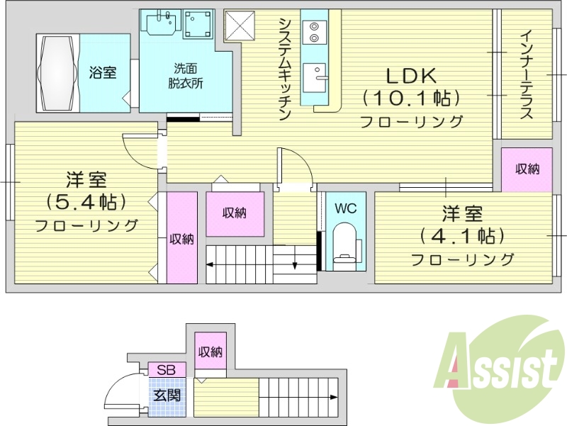 2LDK、インターネット使用料無料、独立洗面台