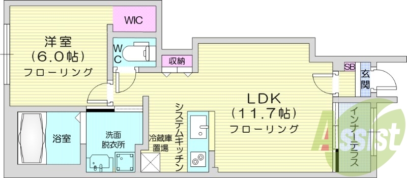 1LDK、インナーテラス、浴室乾燥、追い焚き機能
