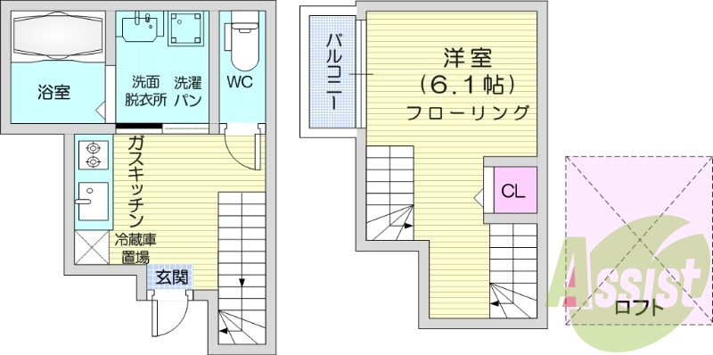 1K、エアコン、バストイレ別、コンロ二口、洗面台