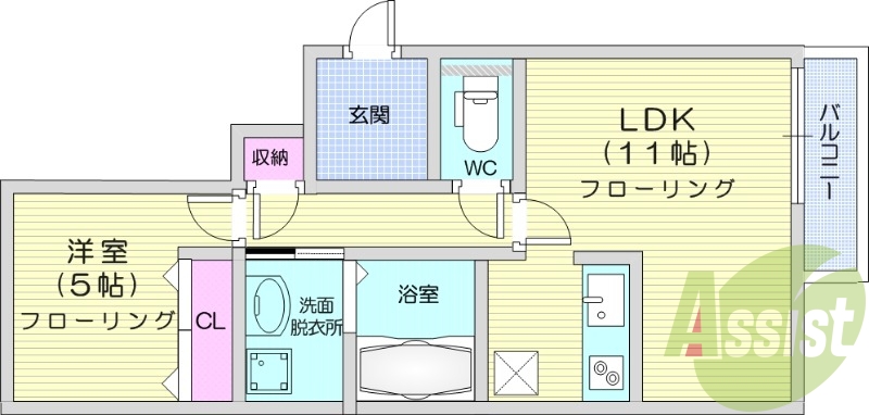 1LDK、エアコン、浴室乾燥、洗面所独立