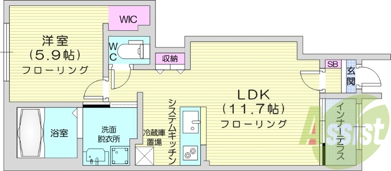 1LDK、インナーテラス、WIC、追い焚き機能、浴室乾燥