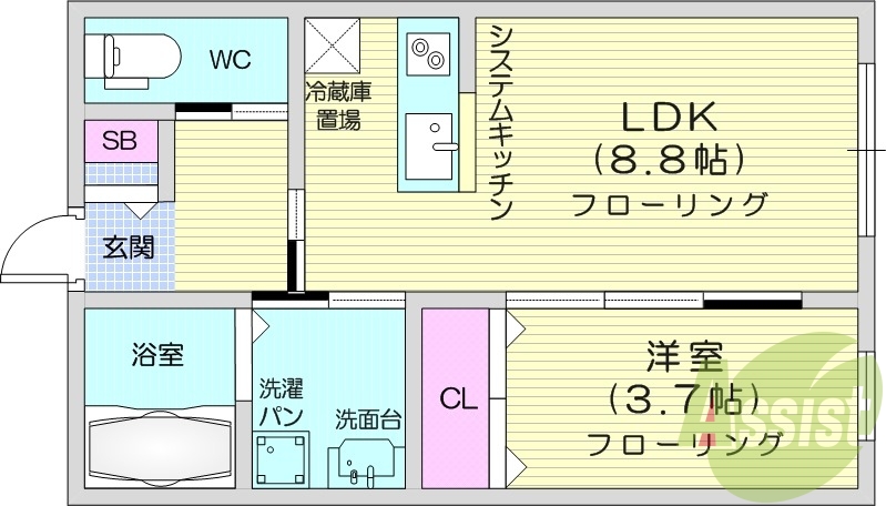 1LDK、敷地内駐車場、温水洗浄便座付き、日当たり良好