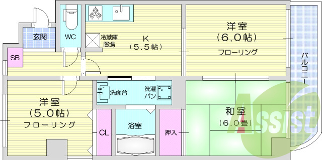 3K、システムキッチン、エアコン、独立洗面台