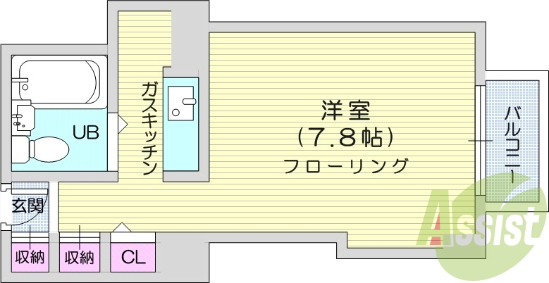 1R、オートロック、都市ガス、フローリング。
