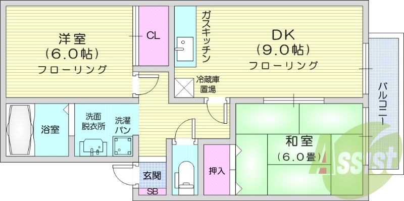 2DK、南向き、独立洗面所、ガスコンロ可