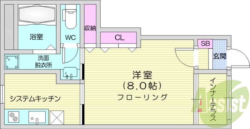 1K、インターネット無料、TVインターホン付き