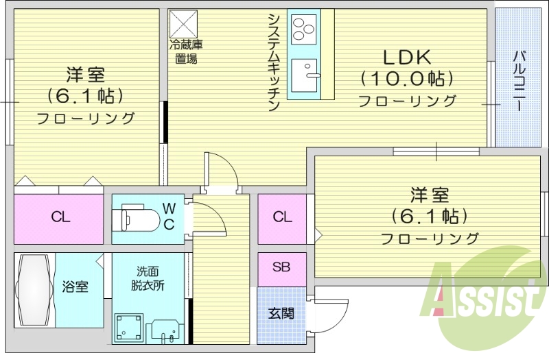 西向き、バルコニー、2LDK、ネット無料、IHコンロ