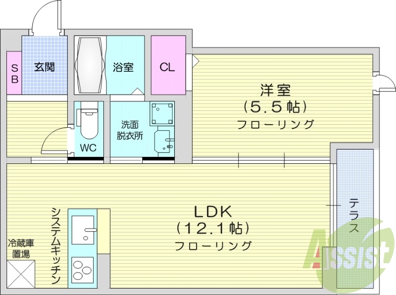 1LDK、室内物干し、対面キッチン、床下収納、追い焚き機能