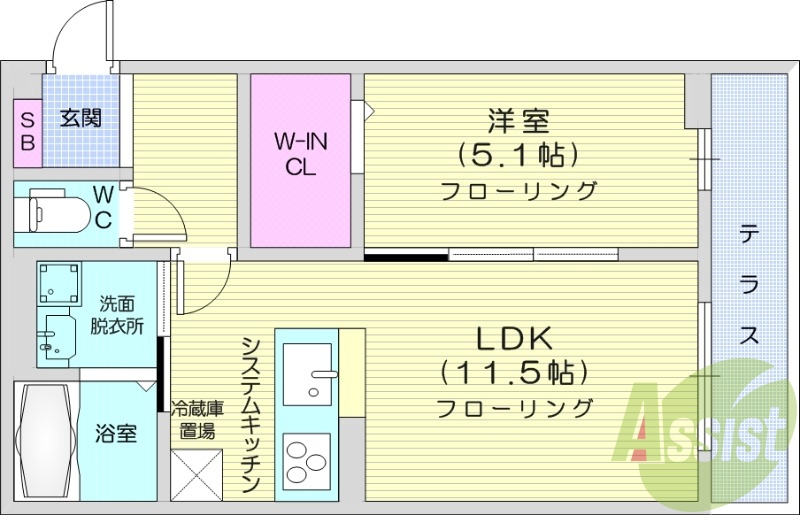 1LDK、室内物干し、対面キッチン、床下収納、追い焚き機能