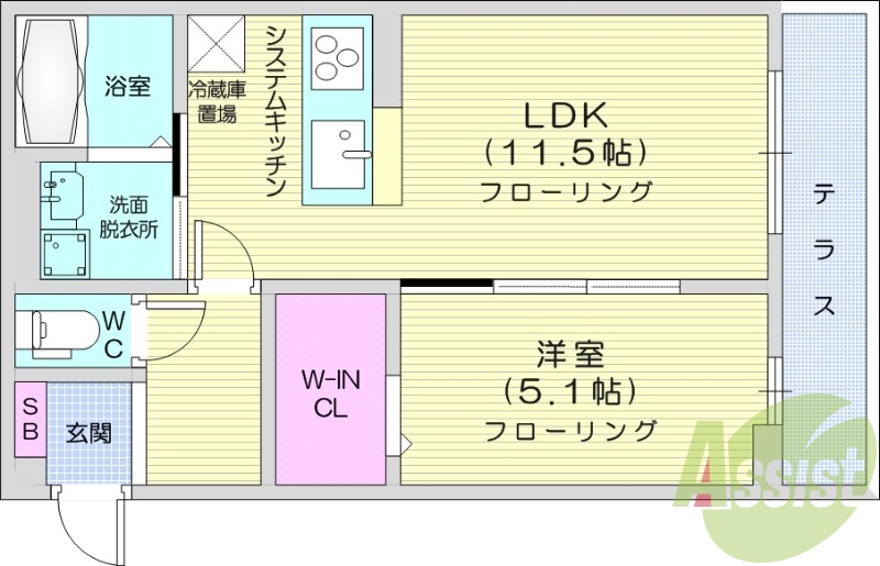 1LDK、室内物干し、対面キッチン、床下収納、追い焚き機能