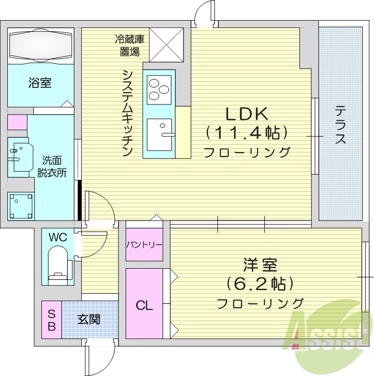 1LDK、室内物干し、対面キッチン、床下収納、追い焚き機能