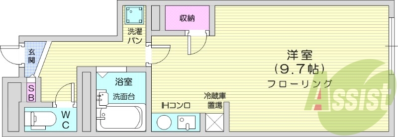 1R、エアコン、浴室乾燥、IHクッキングヒーター1口、収納