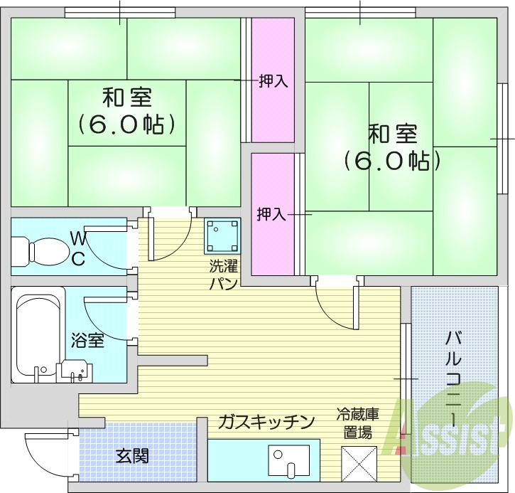 2DK、収納、都市ガス、室内洗濯機置き場、鉄筋コンクリート造