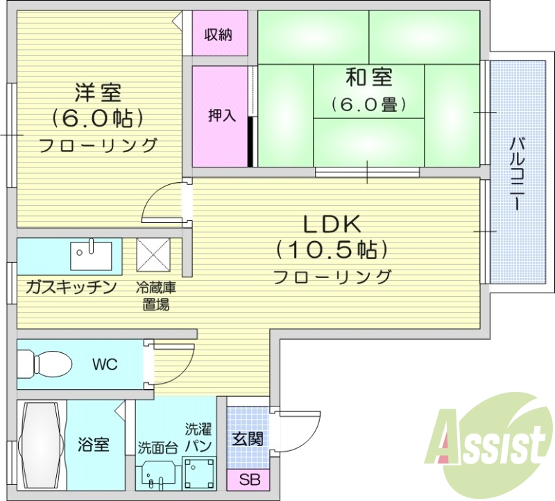 2LDK、南向き、追い焚き機能、エアコン、室内洗濯機置き場