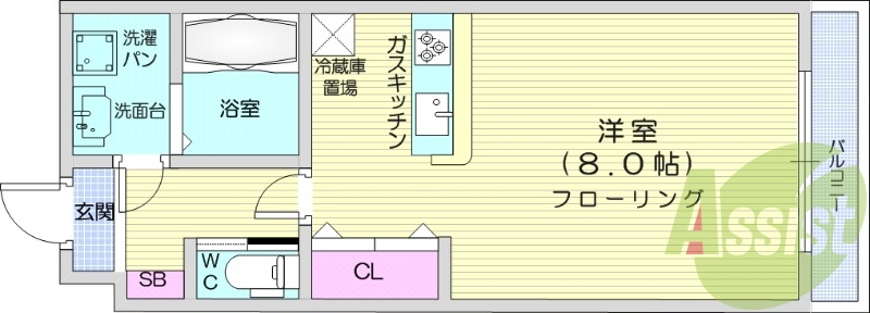 １K、浴室乾燥機、追い焚き機能、洋室8.0帖