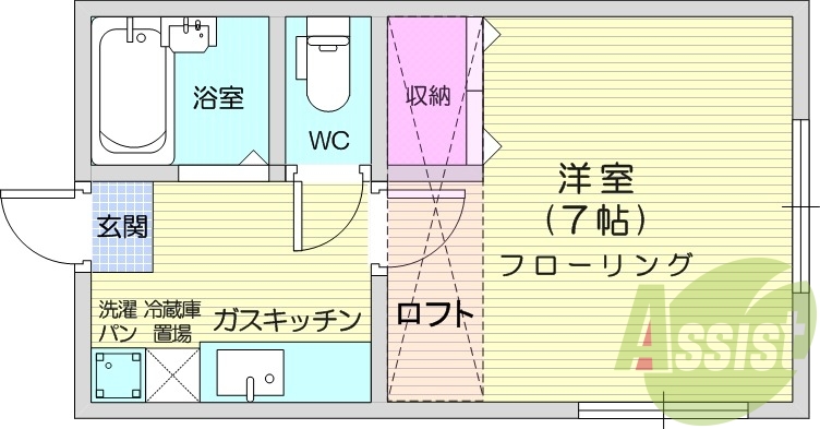 1K、ペット可、ロフト、室内洗濯機置き場、バストイレ別