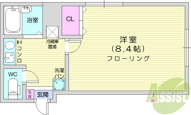 1K、エアコン、IH、バストイレ別、都市ガス、