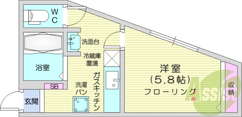 1K、エアコン、室内洗濯機置き場、収納スペース、バストイレ別