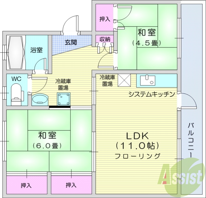 2LDK、追い焚き、暖房便座、冷暖房エアコン、バス・トイレ別