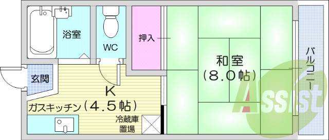1K、プロパンガス、バルコニー、南向き、給湯