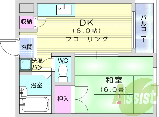 １DK、バストイレ別、エアコン、都市ガス、バルコニー