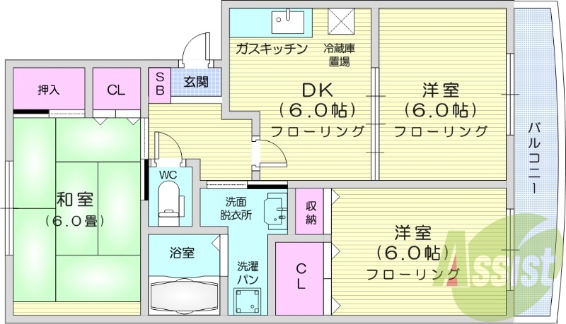 3DK、インターネット無料、バストイレ別、独立洗面台