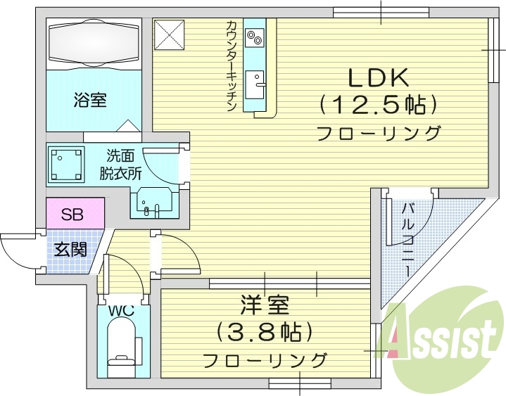 1LDK、浴室乾燥、温水洗浄便座、対面キッチン