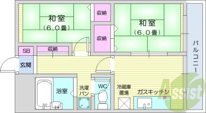 ２DK、独立洗面台、光ファイバー、都市ガス