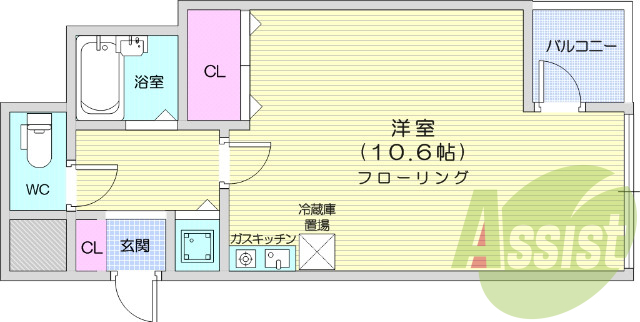 1R、給湯器、ガステーブル、風呂、トイレ。