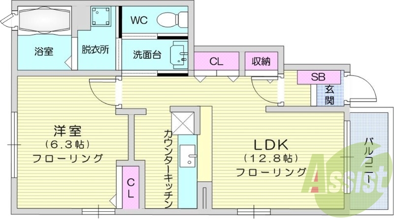 1LDK、バルコニー、エアコン、フローリング、給湯