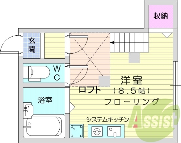 1K、ペット相談、ロフト、風呂トイレ別、洗面台、フローリング