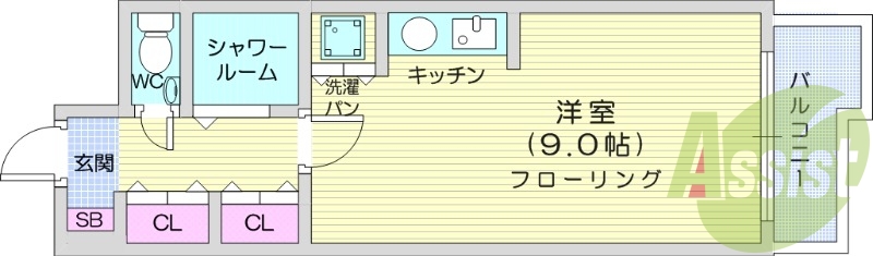1K、エアコン、温水洗浄便座、バルコニー、収納