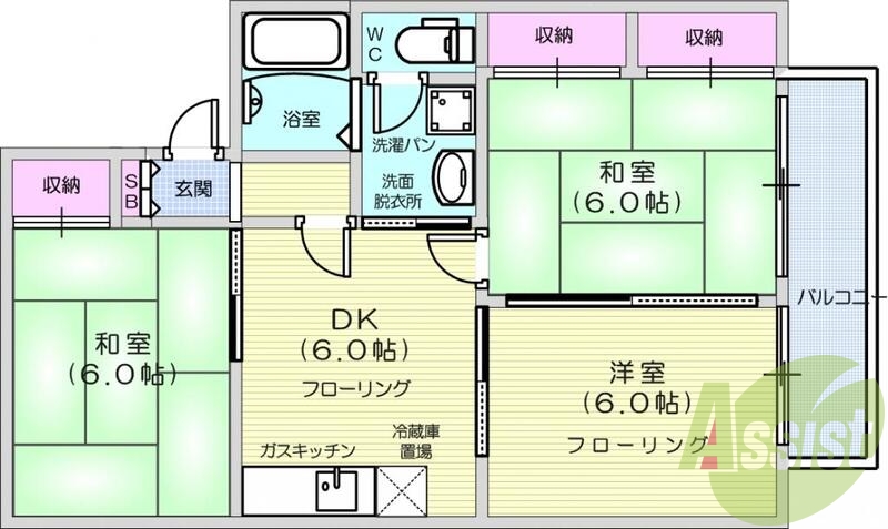 3DK、南向き、バルコニー、バス・トイレ別、エアコン