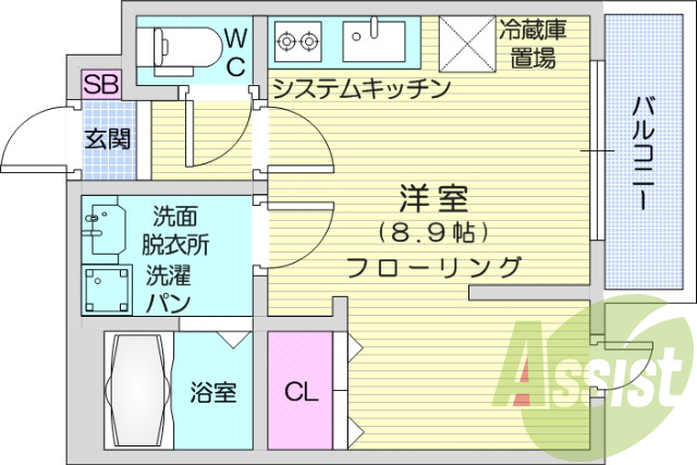 ワンルーム、設備充実、システムキッチン、洗面化粧台