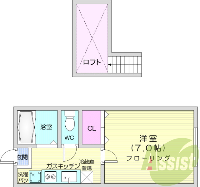1K、エアコン、室内洗濯機置き場、トイレ浴室別、収納