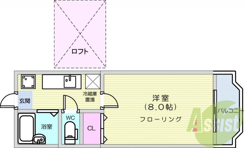 １K、バストイレ別、インターホン、ロフト、エアコン