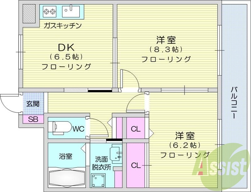 2DK、南向き、独立洗面、クローゼット、洗面脱衣所