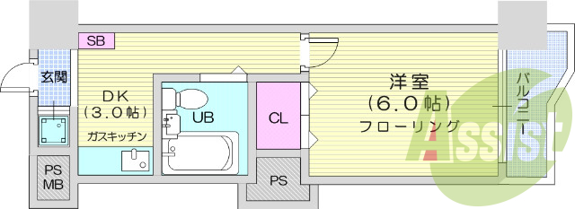 1K、エアコン付き、室内洗濯機置き場あり。