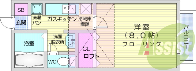 1K、バストイレ別、洗濯機置場、追い焚き機能