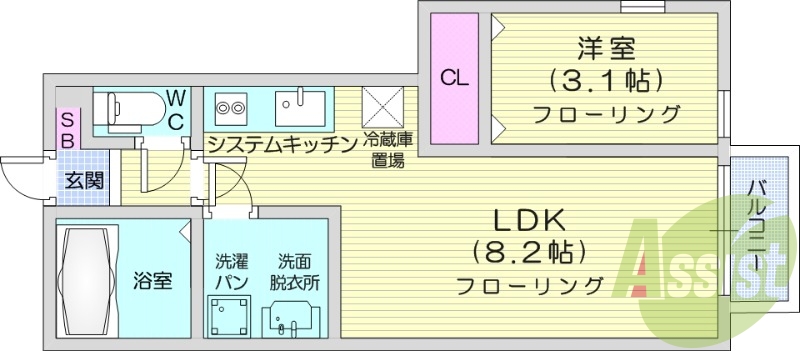 1LDK、全室フローリング、モニター付きインターホン