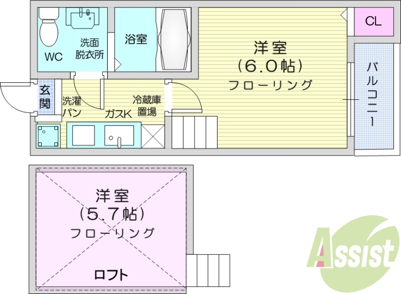 １K、インターネット無料、バストイレ別、ロフト付き