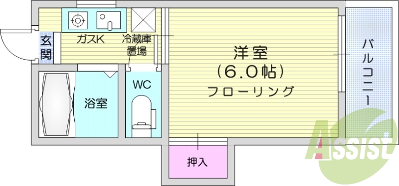 1K、角部屋、追い焚き機能付き、都市ガス対応
